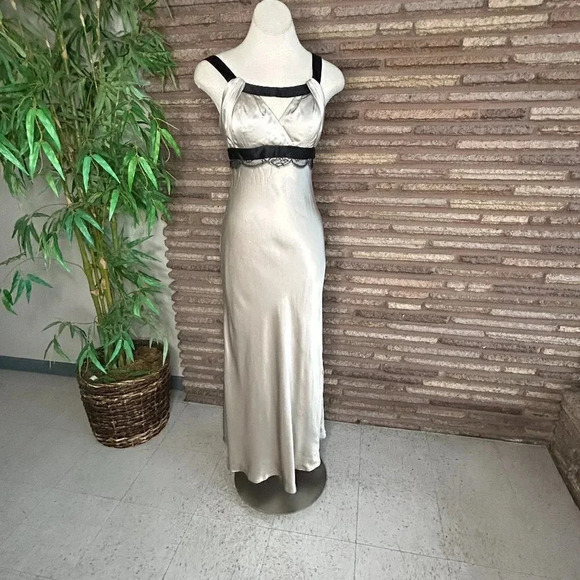 Dina Bar-El Champagne 100% Silk Satin Slip Maxi Formal Dress Black Trim - Picture 1 of 10